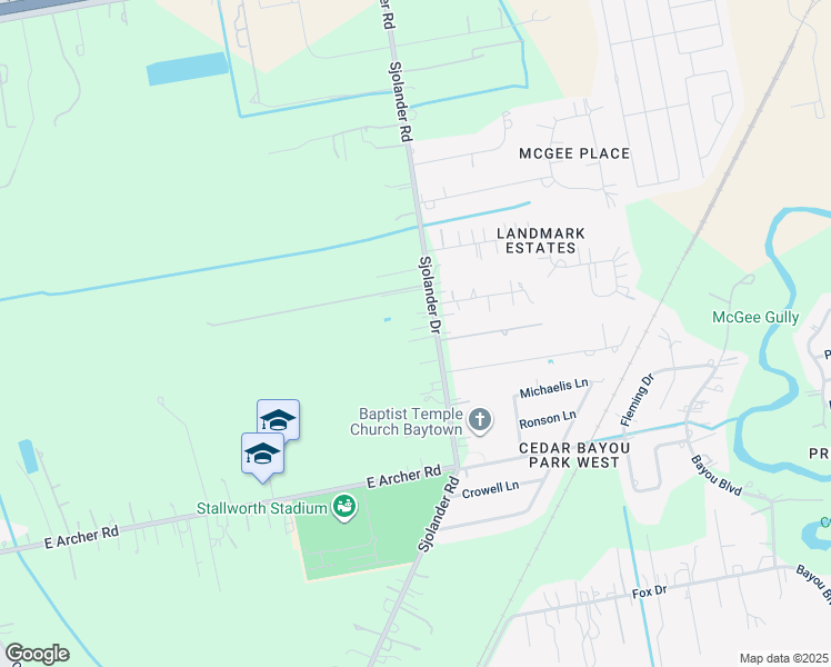 map of restaurants, bars, coffee shops, grocery stores, and more near 6205 Sjolander Road in Baytown