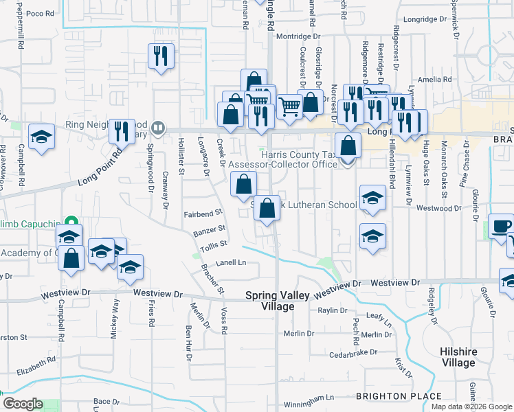 map of restaurants, bars, coffee shops, grocery stores, and more near 8706 Strongoak Lane in Houston