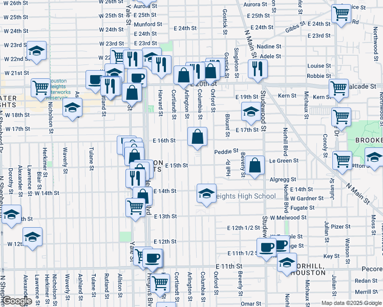 map of restaurants, bars, coffee shops, grocery stores, and more near 1522 Arlington Street in Houston