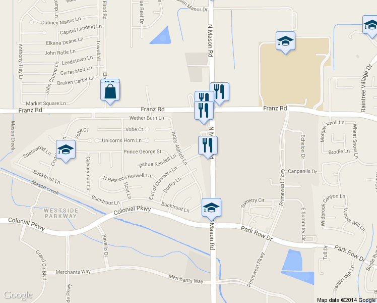 map of restaurants, bars, coffee shops, grocery stores, and more near 22015 Joshua Kendall Ln in Katy