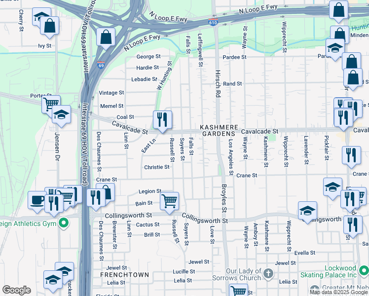 map of restaurants, bars, coffee shops, grocery stores, and more near 4128 Sayers Street in Houston
