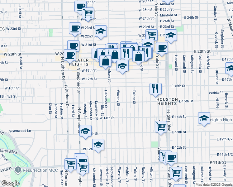 map of restaurants, bars, coffee shops, grocery stores, and more near 1532 Waverly Street in Houston