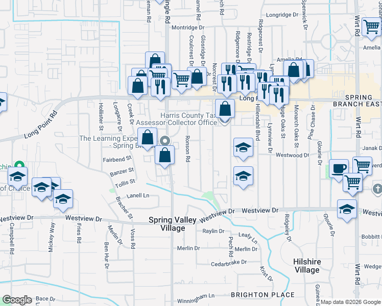 map of restaurants, bars, coffee shops, grocery stores, and more near 1618 Ronson Road in Houston