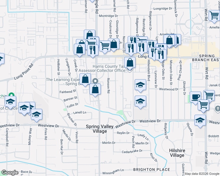 map of restaurants, bars, coffee shops, grocery stores, and more near 1618 Ronson Road in Houston