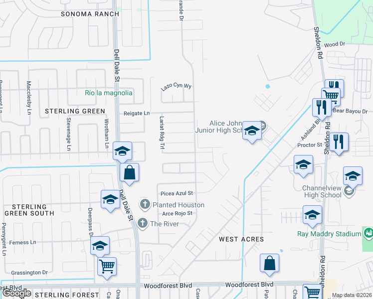 map of restaurants, bars, coffee shops, grocery stores, and more near 15465 Bonita Grulla Way in Channelview