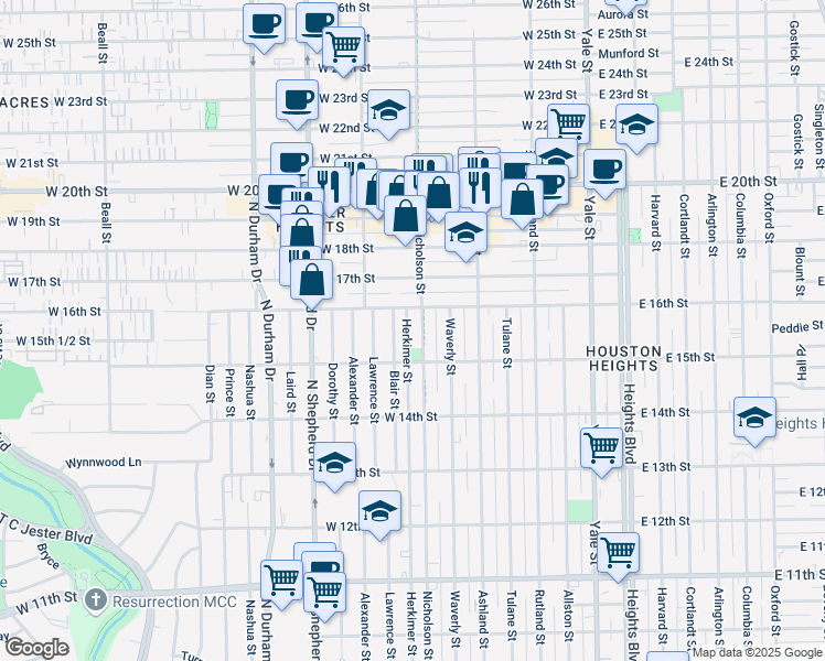 map of restaurants, bars, coffee shops, grocery stores, and more near 1526 Herkimer Street in Houston