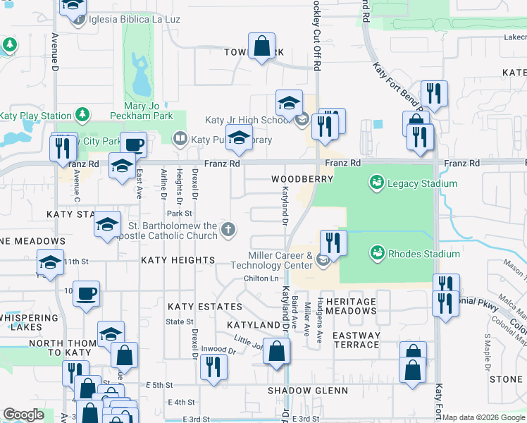 map of restaurants, bars, coffee shops, grocery stores, and more near 5331 Derbyshire Drive in Katy