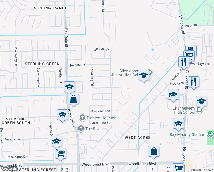 map of restaurants, bars, coffee shops, grocery stores, and more near 15465 Bonita Grulla Way in Channelview