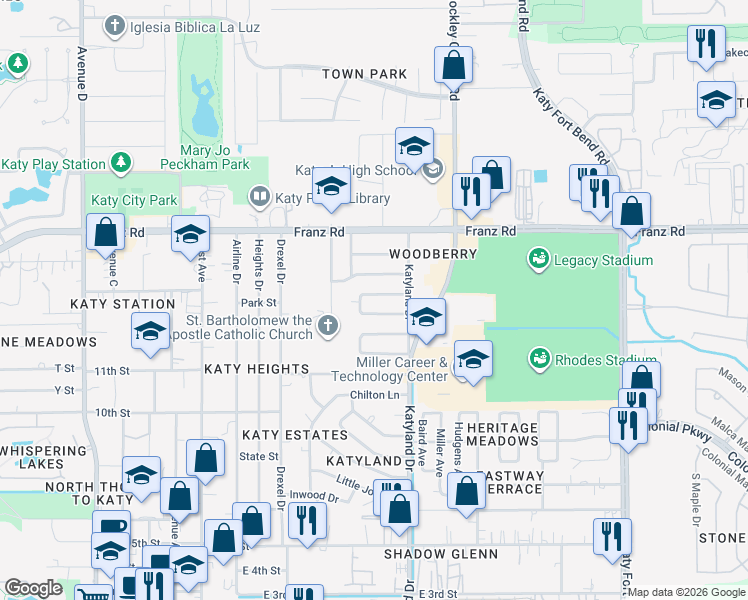 map of restaurants, bars, coffee shops, grocery stores, and more near 5331 Derbyshire Drive in Katy