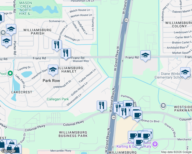 map of restaurants, bars, coffee shops, grocery stores, and more near 23819 Griffin House Lane in Katy