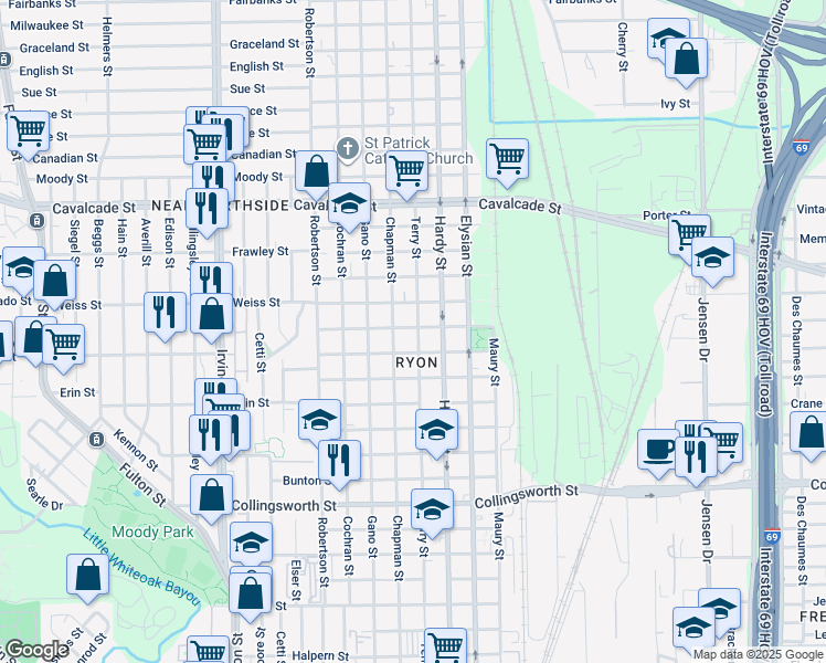 map of restaurants, bars, coffee shops, grocery stores, and more near 4219 Terry Street in Houston