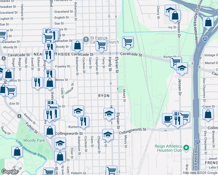 map of restaurants, bars, coffee shops, grocery stores, and more near 4220 Hardy Street in Houston