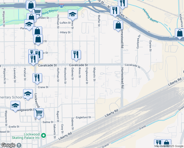 map of restaurants, bars, coffee shops, grocery stores, and more near 4205 Majestic Street in Houston