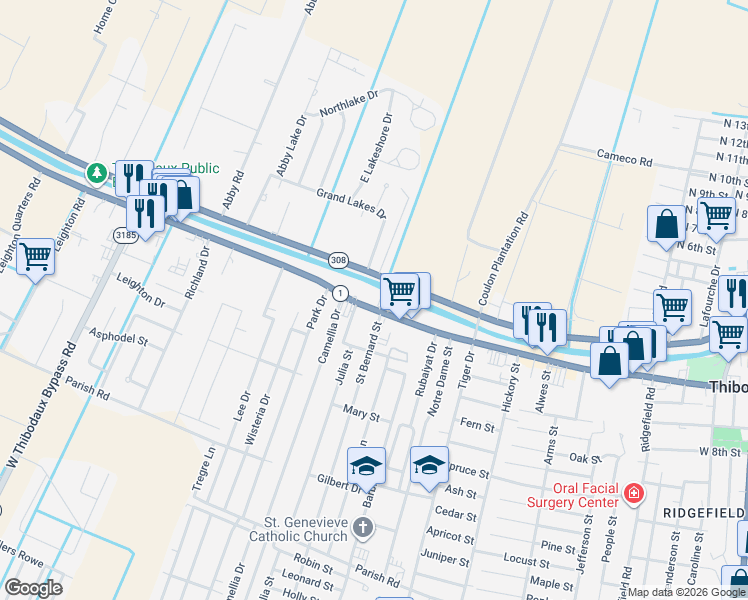 map of restaurants, bars, coffee shops, grocery stores, and more near 1200 St Mary St in Thibodaux