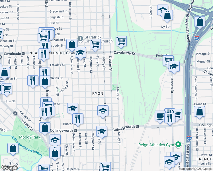 map of restaurants, bars, coffee shops, grocery stores, and more near 4220 Hardy Street in Houston