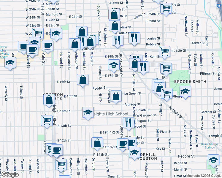 map of restaurants, bars, coffee shops, grocery stores, and more near 806 Peddie Street in Houston