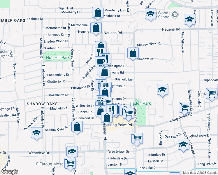 map of restaurants, bars, coffee shops, grocery stores, and more near 10057 Lazy Oaks Street in Houston