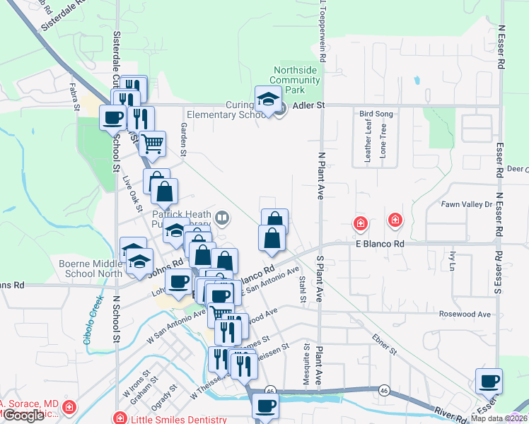 map of restaurants, bars, coffee shops, grocery stores, and more near 125 Autumn Ridge in Boerne
