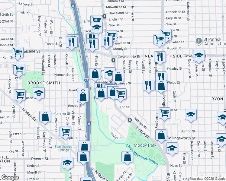 map of restaurants, bars, coffee shops, grocery stores, and more near 236 Royder Street in Houston