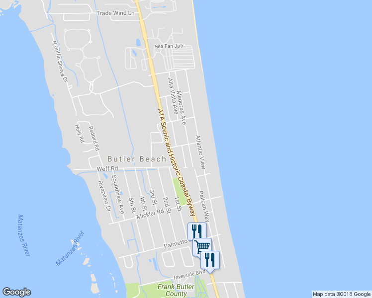 map of restaurants, bars, coffee shops, grocery stores, and more near 5213 Medoras Avenue in St. Augustine