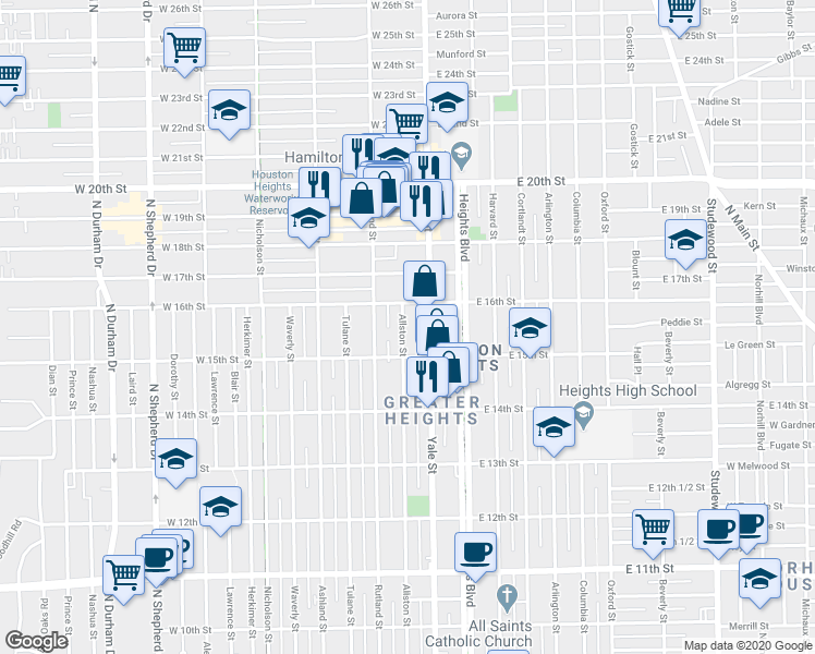 map of restaurants, bars, coffee shops, grocery stores, and more near 1528 Allston Street in Houston