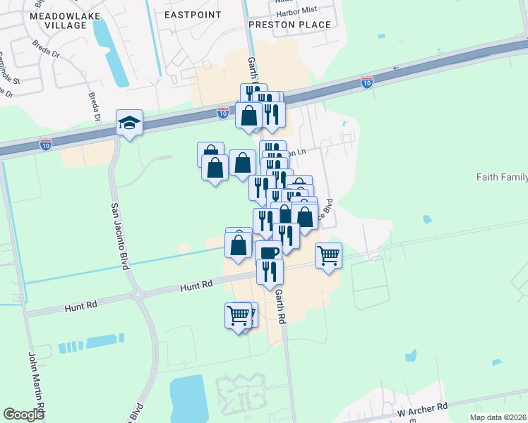 map of restaurants, bars, coffee shops, grocery stores, and more near 6615 Garth Road in Baytown
