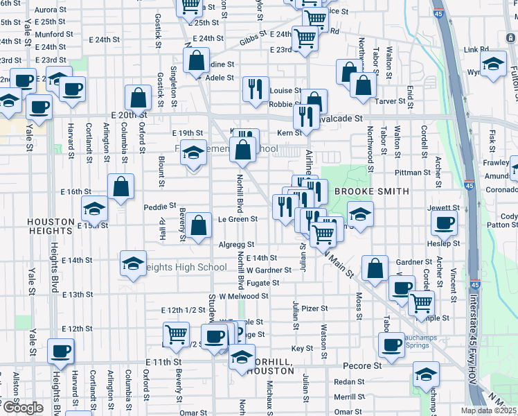 map of restaurants, bars, coffee shops, grocery stores, and more near 1018 Peddie Street in Houston