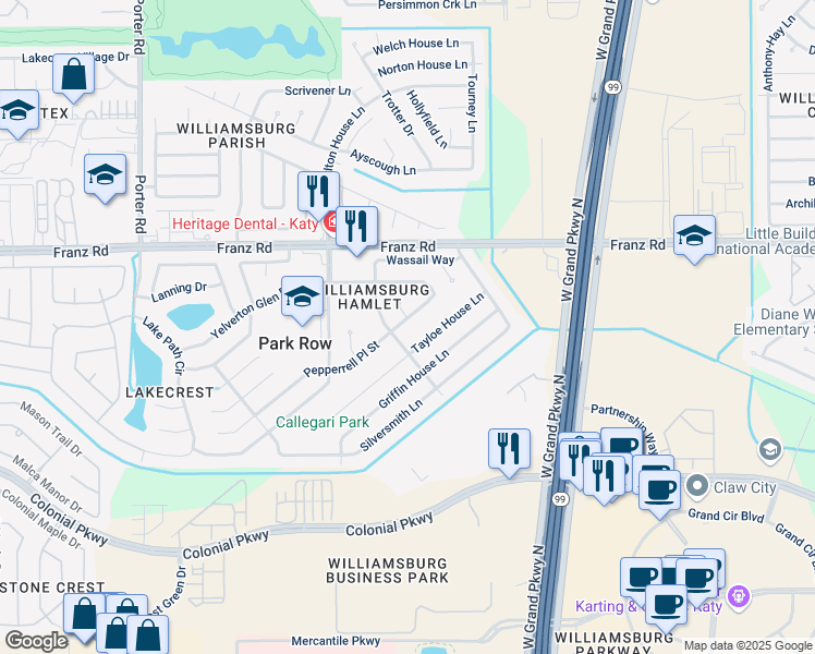 map of restaurants, bars, coffee shops, grocery stores, and more near 23939 Pepperrell Place Street in Katy