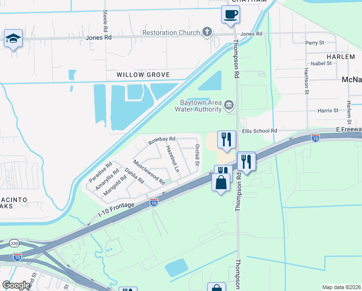 map of restaurants, bars, coffee shops, grocery stores, and more near 1503 Blossom Lane in Baytown