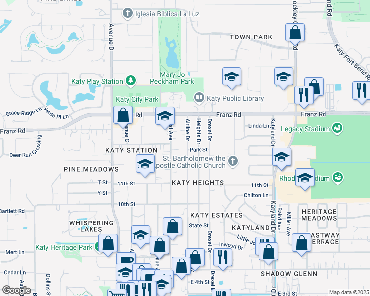 map of restaurants, bars, coffee shops, grocery stores, and more near 1901 Airline Drive in Katy