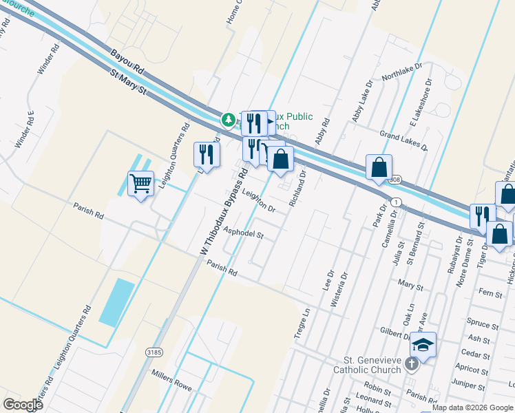 map of restaurants, bars, coffee shops, grocery stores, and more near 202 Leighton Drive in Thibodaux