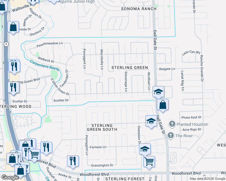 map of restaurants, bars, coffee shops, grocery stores, and more near 1327 Willersley Lane in Channelview