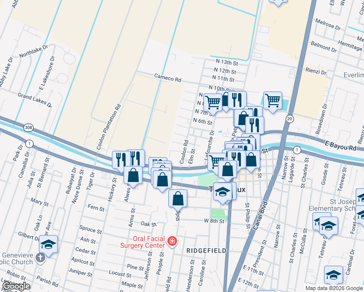 map of restaurants, bars, coffee shops, grocery stores, and more near 285 Coulon Road in Thibodaux