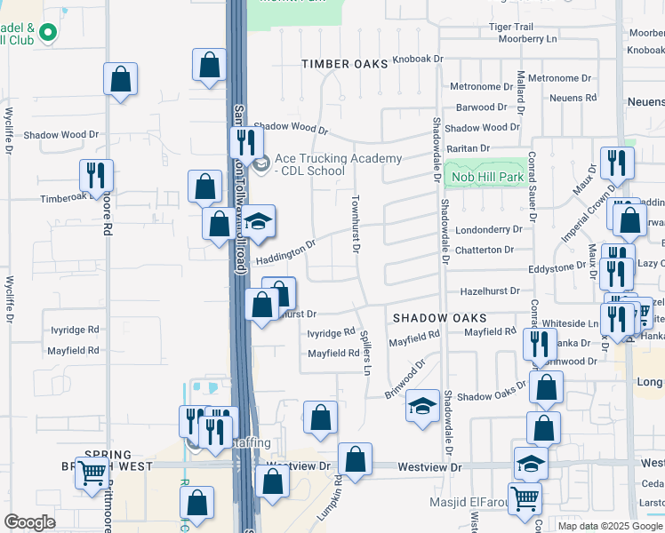 map of restaurants, bars, coffee shops, grocery stores, and more near Stebbins Circle in Houston