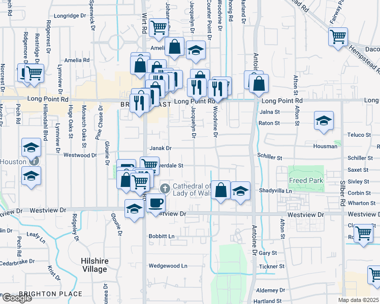map of restaurants, bars, coffee shops, grocery stores, and more near 1615 Jacquelyn Drive in Houston