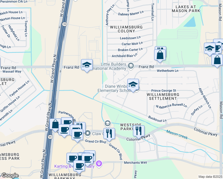 map of restaurants, bars, coffee shops, grocery stores, and more near 22818 Spatswood Lane in Katy