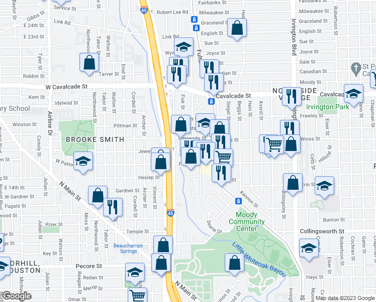 map of restaurants, bars, coffee shops, grocery stores, and more near 204 Royder Street in Houston