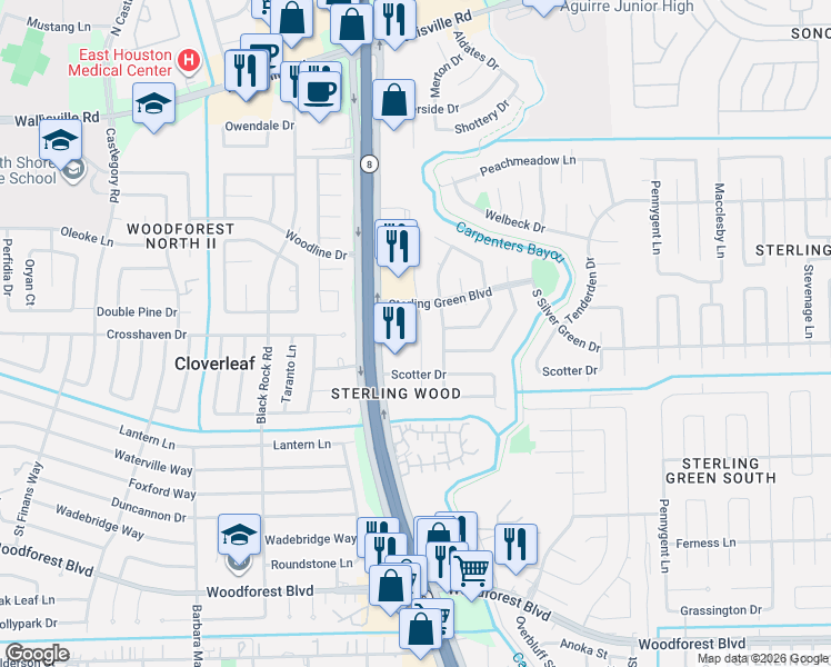 map of restaurants, bars, coffee shops, grocery stores, and more near 1331 Castle Glen Drive in Houston