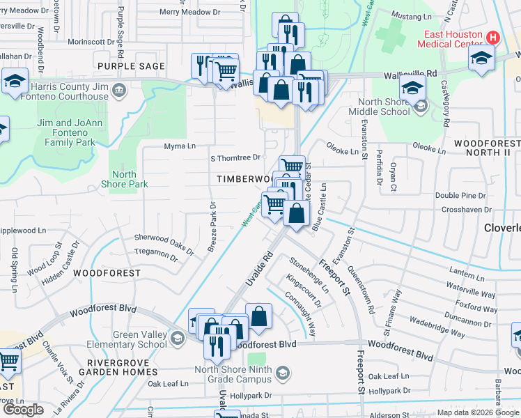 map of restaurants, bars, coffee shops, grocery stores, and more near 13429 Castilian Drive in Houston