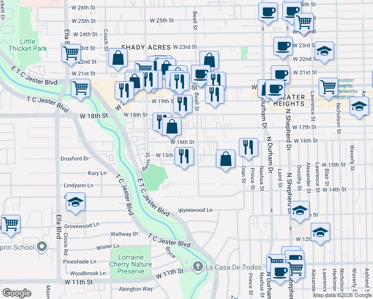 map of restaurants, bars, coffee shops, grocery stores, and more near in Houston