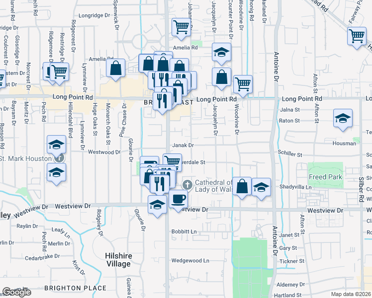 map of restaurants, bars, coffee shops, grocery stores, and more near 1527 Baggett Lane in Houston