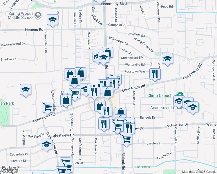map of restaurants, bars, coffee shops, grocery stores, and more near 1517 Blalock Road in Houston