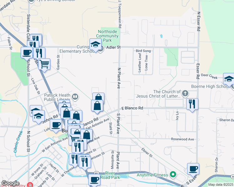 map of restaurants, bars, coffee shops, grocery stores, and more near 134 North Plant Avenue in Boerne