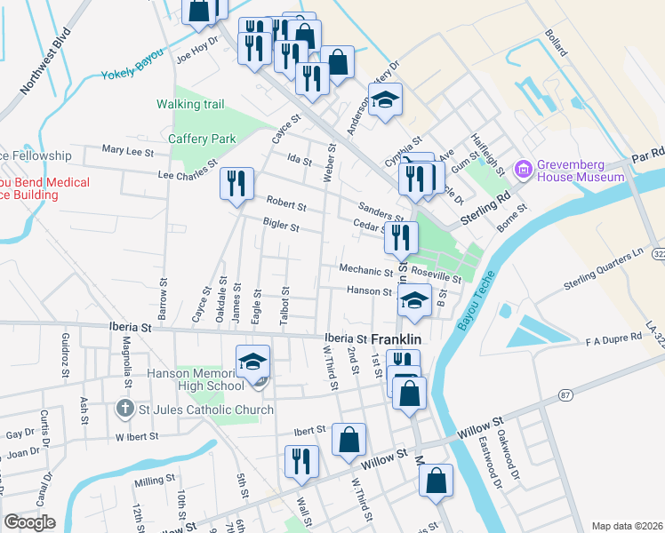 map of restaurants, bars, coffee shops, grocery stores, and more near 201 Mechanic Street in Franklin