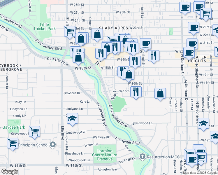 map of restaurants, bars, coffee shops, grocery stores, and more near 1640 East T C Jester Boulevard in Houston