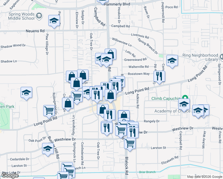 map of restaurants, bars, coffee shops, grocery stores, and more near 1517 Blalock Road in Houston