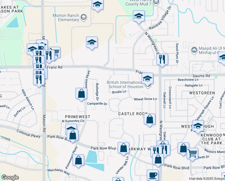 map of restaurants, bars, coffee shops, grocery stores, and more near 20918 Brodie Lane in Katy