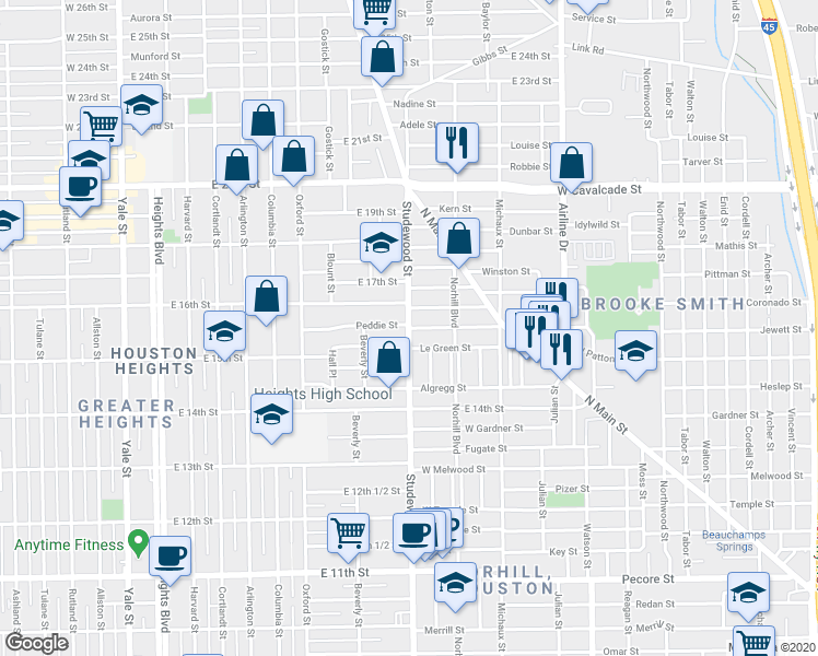 map of restaurants, bars, coffee shops, grocery stores, and more near Studewood St & Peddie St in Houston