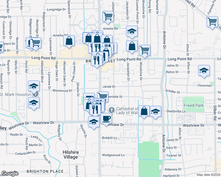 map of restaurants, bars, coffee shops, grocery stores, and more near 1527 Baggett Lane in Houston