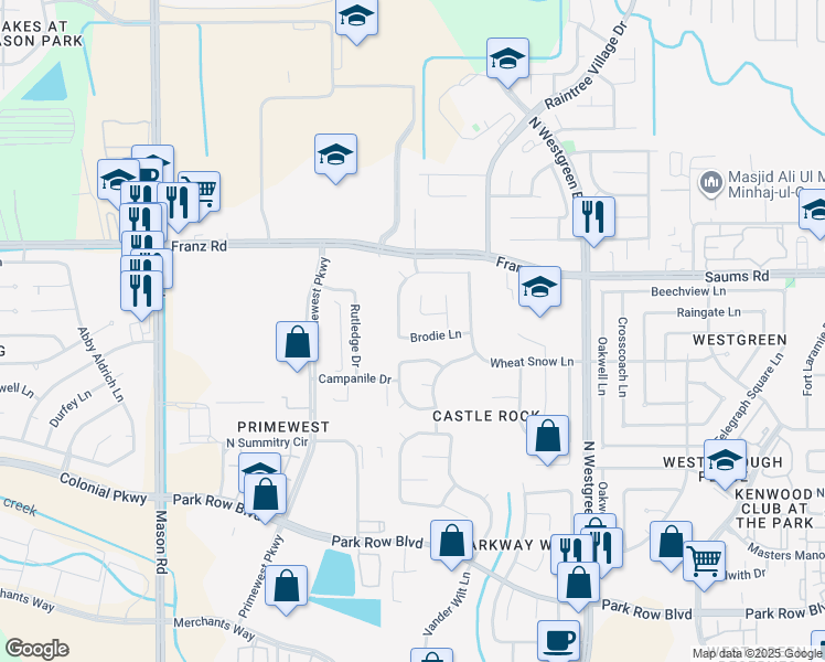 map of restaurants, bars, coffee shops, grocery stores, and more near 20918 Brodie Lane in Katy